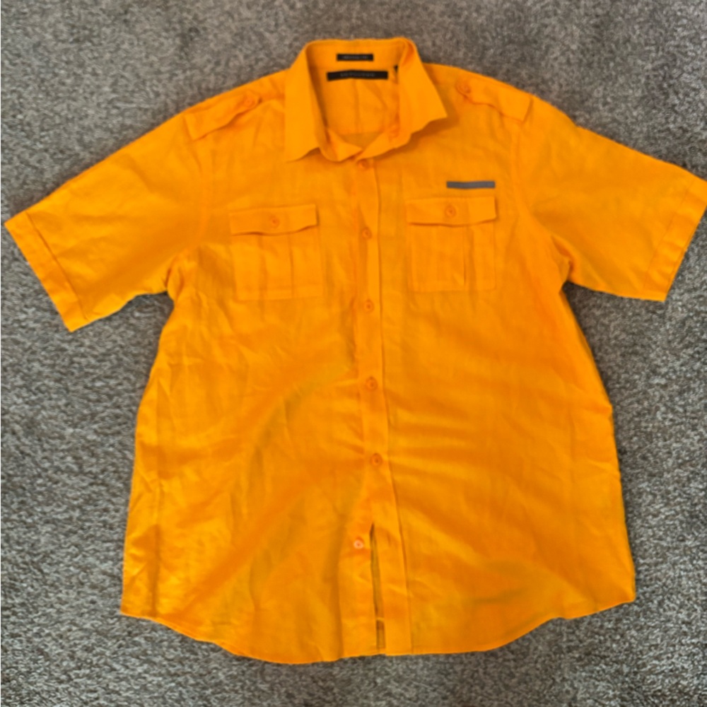 Sean John Bright Orange Men’s Short Sleeve Linen Blend Shirt-size XXL